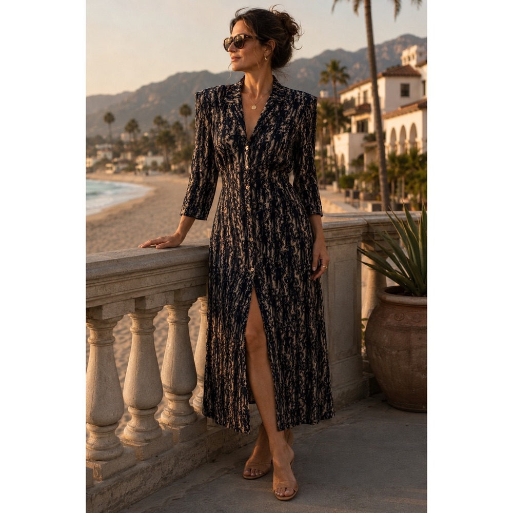 Nicole Miller Sport Vintage People Print Midi Dress Shirt Dress LE Black Tan 6